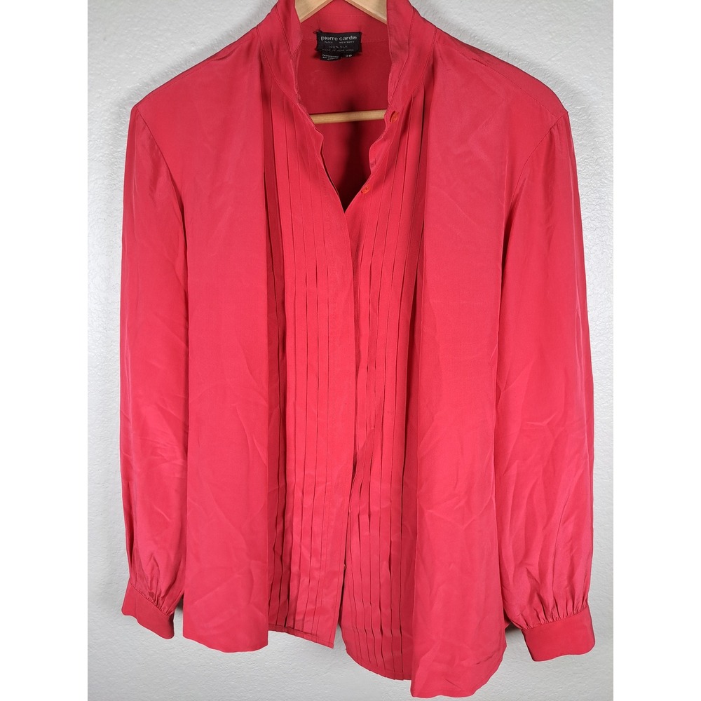 Pierre Cardin Vintage Red 100% Silk Pleated Front Button Down Blouse Size 38